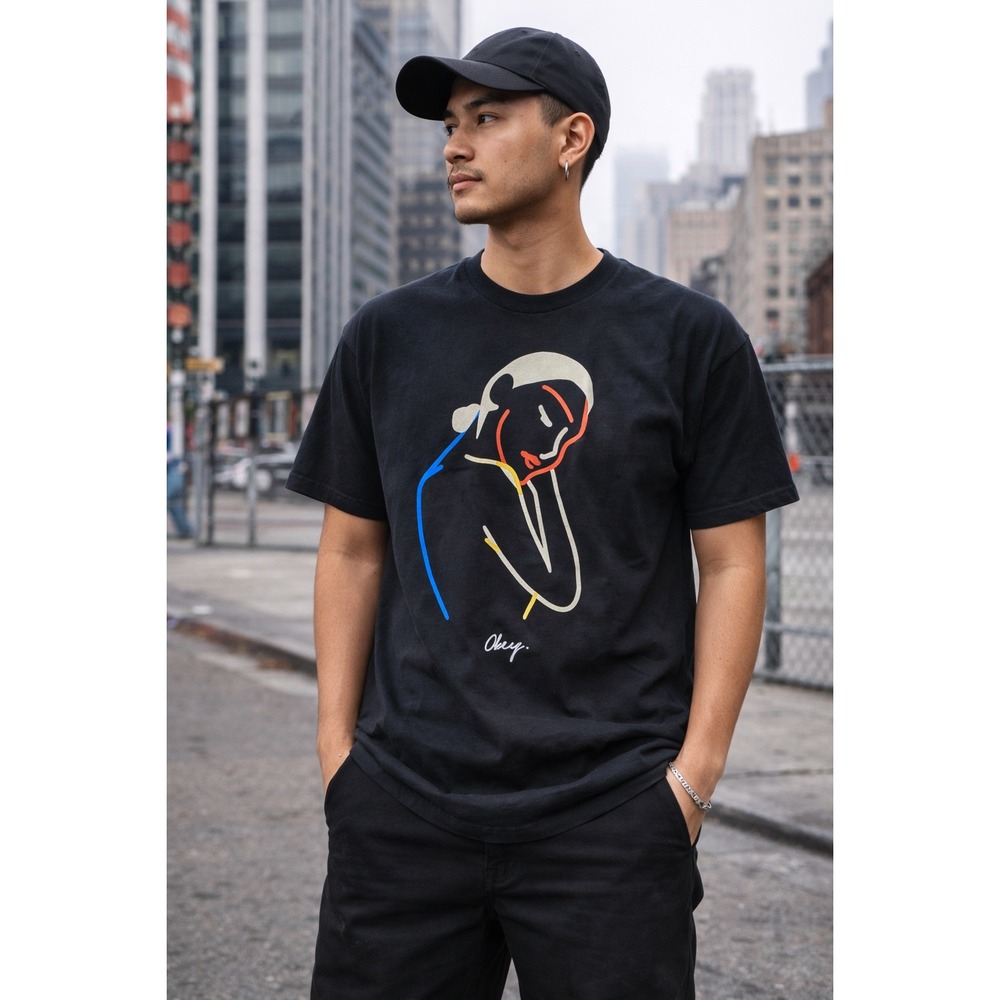 Obey Black Minimalist Line‎ Art Portrait The Hugger Graphic Heavyweight Tee Sz L